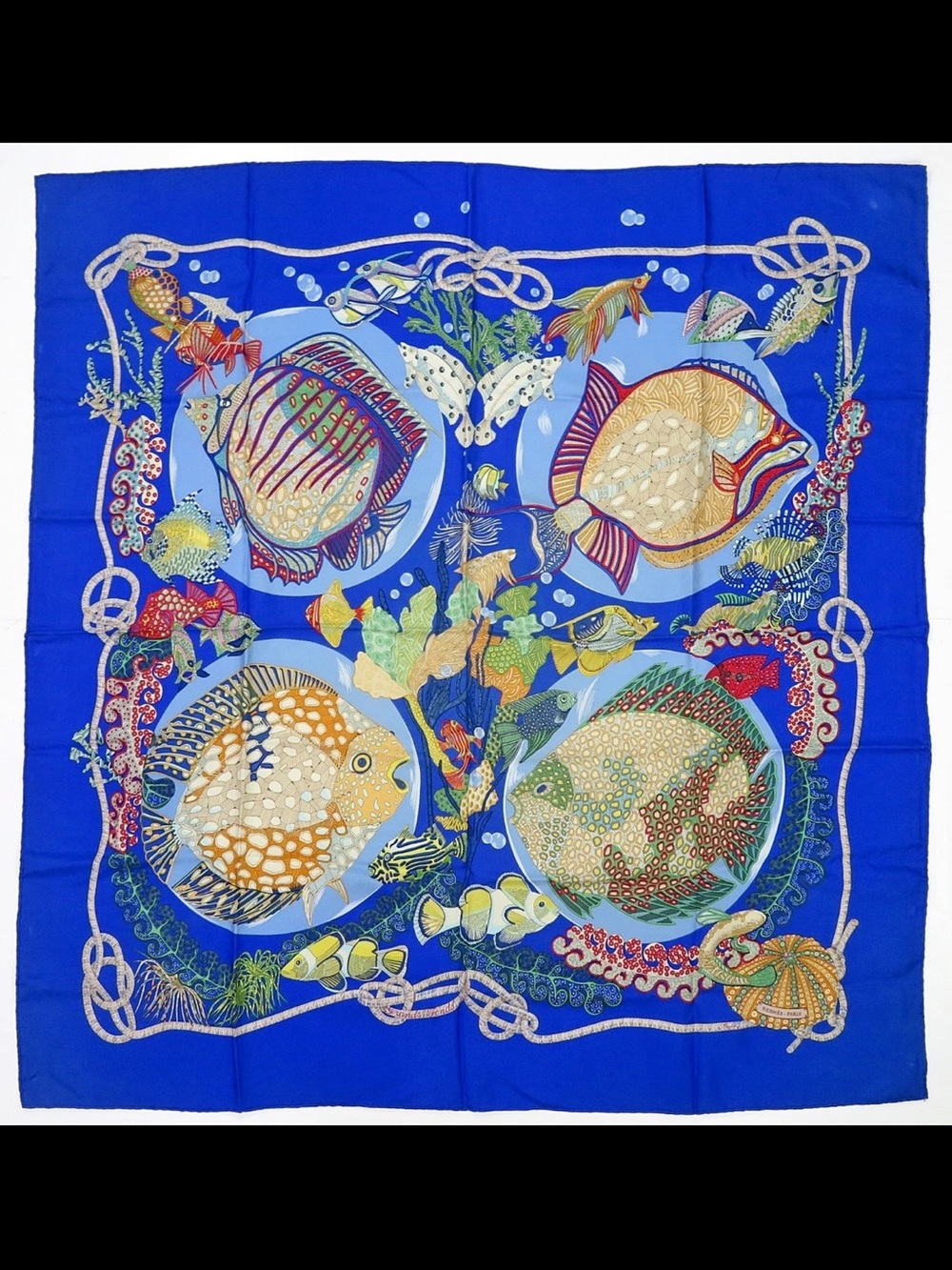 Hermes Blue Multicolor Fish Print Silk Scarf - Picture 1 of 13